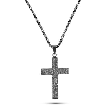 Men’s hammered stainless steel cross pendant necklace on 26-inch chain – available in silver, gold, and black