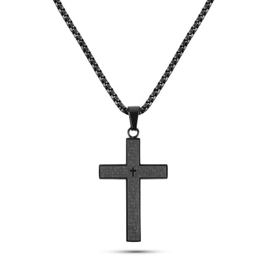 Black stainless steel men’s cross necklace engraved with the full Lord’s Prayer and center cutout cross on 26-inch chain