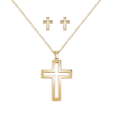 Hallow Gold Cross Necklace and Earring Set | Versatile Gold-Plated Stainless Steel