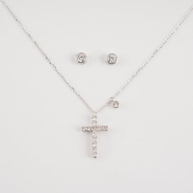 Silver and cubic zirconia cross with small circle and stud earrings