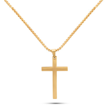 Men’s polished gold stainless steel cross necklace with 26-inch chain – classic cross pendant