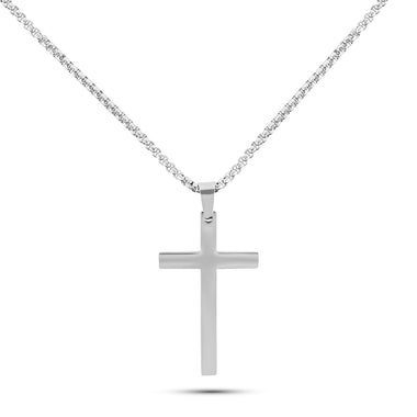 Men’s polished silver stainless steel cross necklace with 26-inch chain – classic Christian pendant