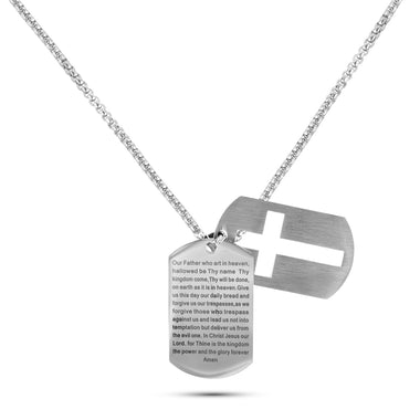 Men’s stainless steel Lord’s Prayer dog tag necklace with cross overlay on 26-inch chain – available in silver, gold, and black