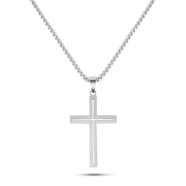 Men’s stainless steel cutout cross necklace with 26-inch chain – available in silver and black