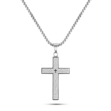 Silver stainless steel men’s cross necklace engraved with the full Our Father prayer and center cross cutout on 26-inch chain