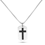 Men’s stainless steel Lord’s Prayer dog tag necklace with cross overlay on 26-inch chain – available in silver, gold, and black