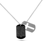 Men’s stainless steel Lord’s Prayer dog tag necklace with cross overlay on 26-inch chain – available in silver, gold, and black