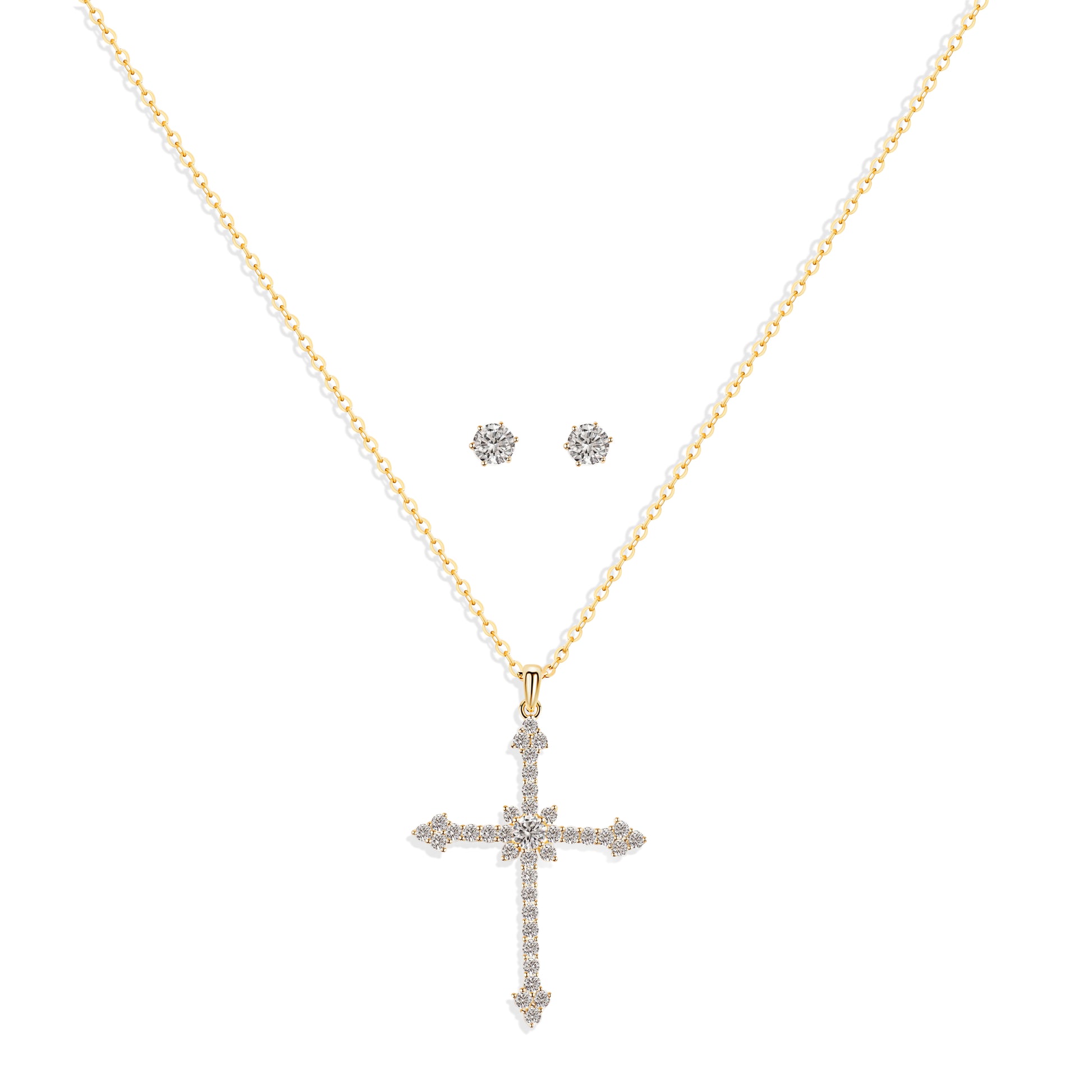 Gold and cubic zirconia cross and stud earrings