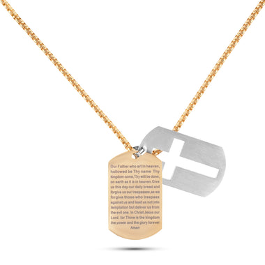 Men’s stainless steel Lord’s Prayer dog tag necklace with cross overlay on 26-inch chain – available in silver, gold, and black