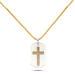 Men’s stainless steel Lord’s Prayer dog tag necklace with cross overlay on 26-inch chain – available in silver, gold, and black