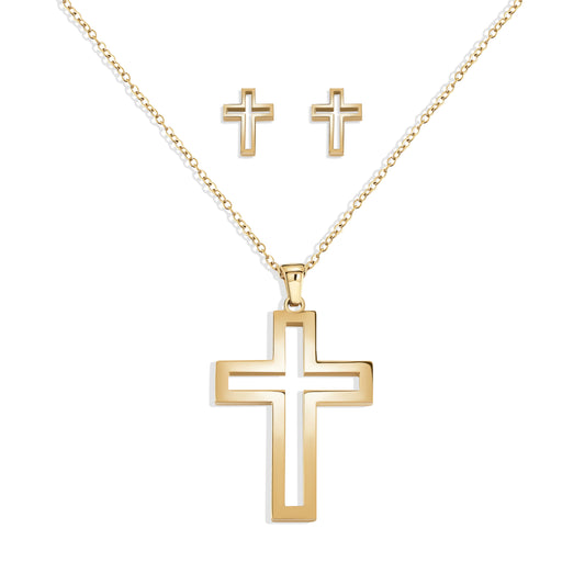 Hallow Gold Cross Necklace and Earring Set | Versatile Gold-Plated Stainless Steel