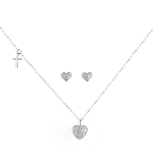 Heart and cross silver and cubic zir necklace and matching heart earrings