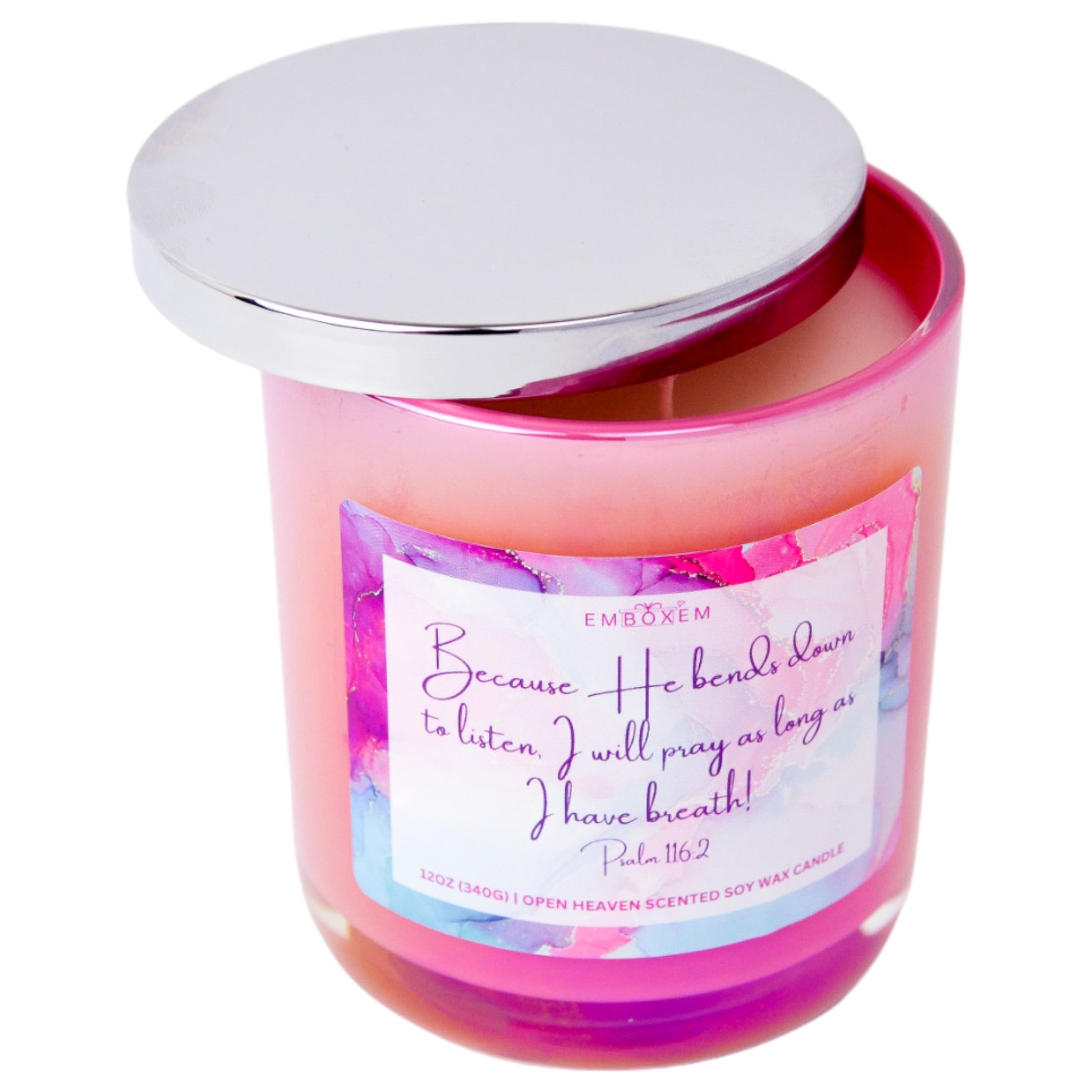 Pink Christian Candle Because he bends down to listen I will pray as long as I live Ps 110v2