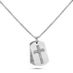Men’s stainless steel Lord’s Prayer dog tag necklace with cross overlay on 26-inch chain – available in silver, gold, and black