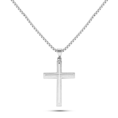 Men’s stainless steel cutout cross necklace with 26-inch chain – available in silver and black