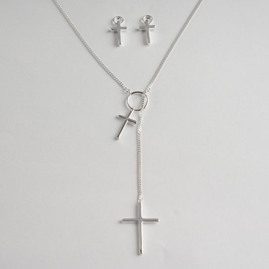 Silver Large and Mini cross necklace and earing set